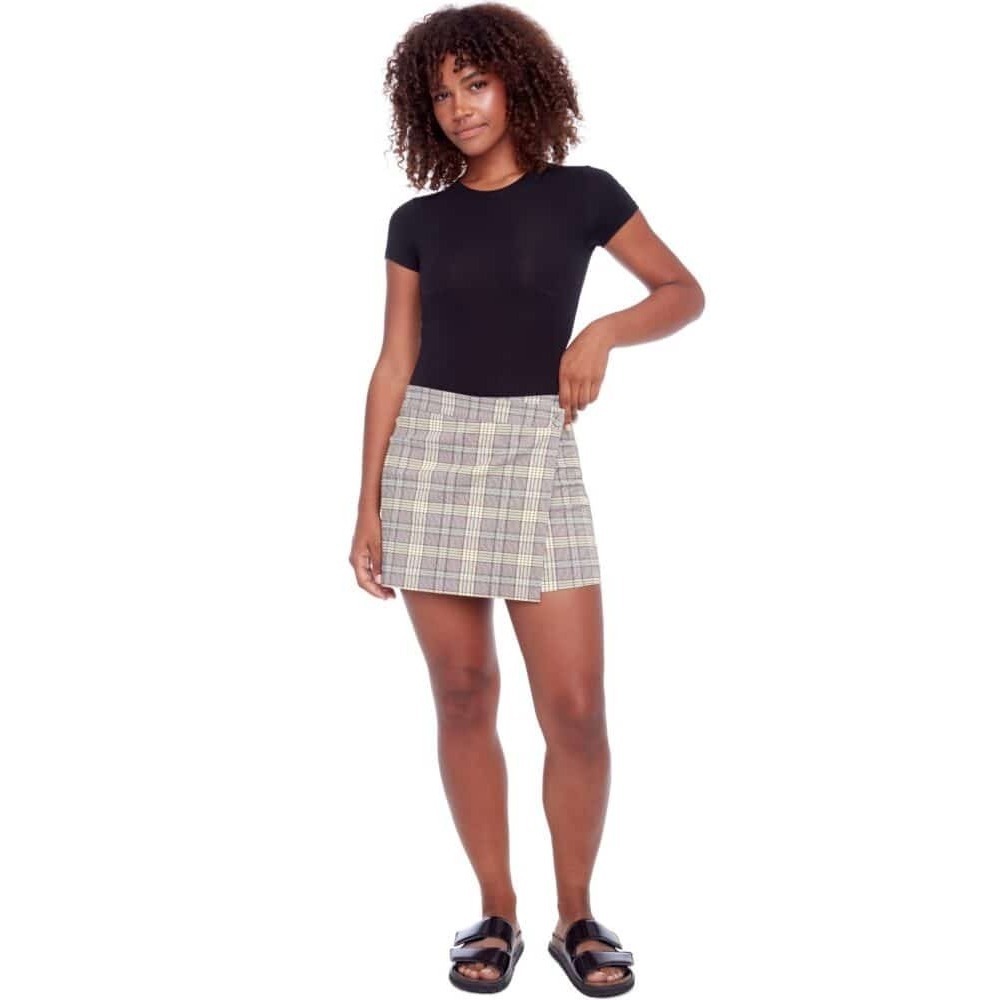 NWT Plaid Mini Skort Sz Medium SlimYellow|Gray Preppy‎ Stretch Retro School Girl